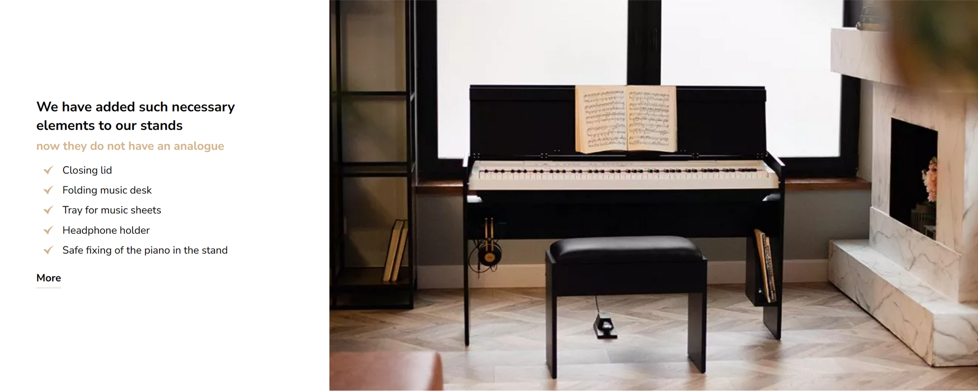 Digital piano on a piano stand with a lid, music desk and bench in the interior